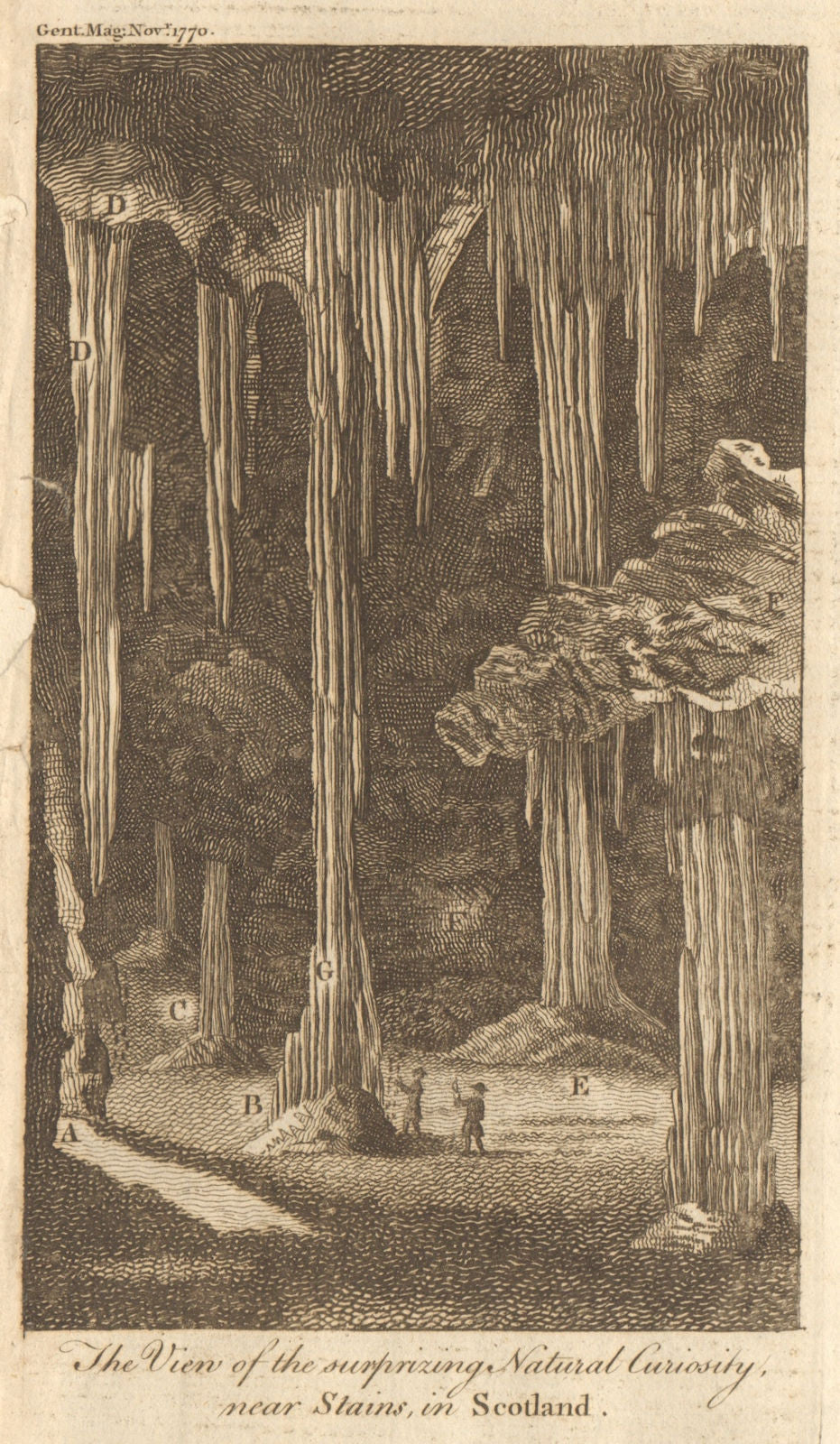 A view of the surprizing natural curiosity near Slains, in Scotland. Cavern 1770
